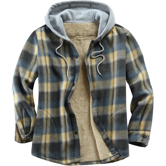 Men's Yellow Black Cotton Plaid Fleece Lined Flannel Shirts Button Down Jackets